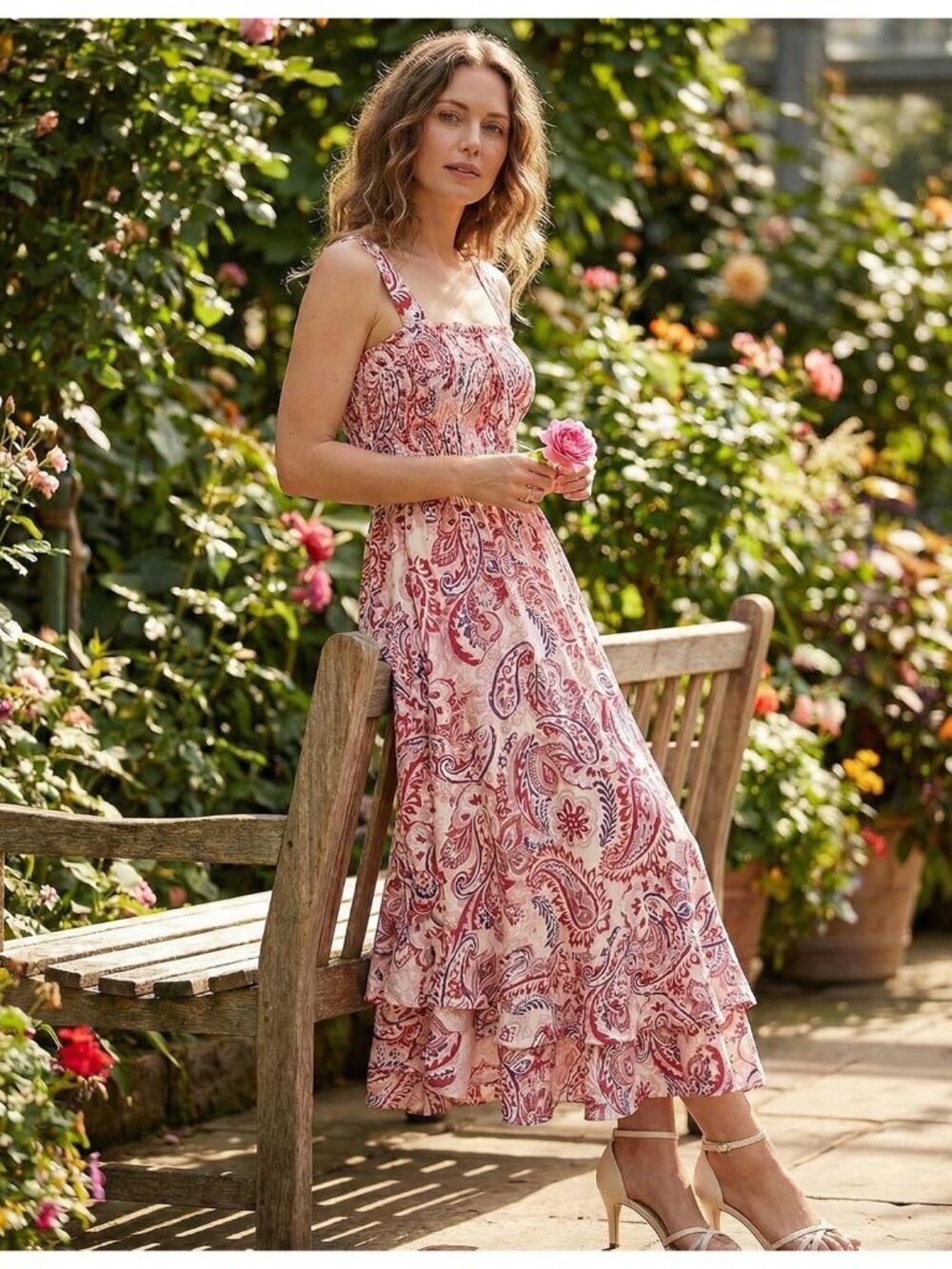 〽️Women's Pink Flower Square Neck Strapped A LINE Floral Boho Long Maxi Dress